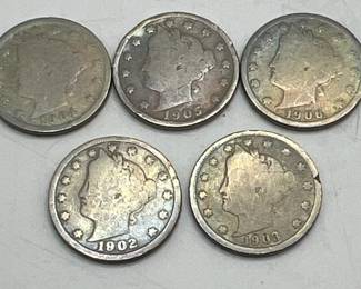 (5) Liberty Head Nickels with Lovely Patina 1902-1906
