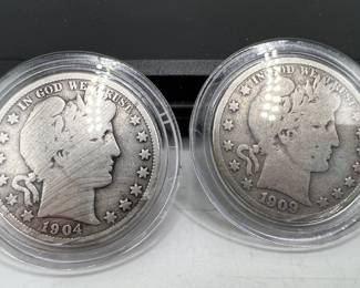 (2) Barber Silver Half Dollar Coins 1904 & 1909S
1904 & 1909-S