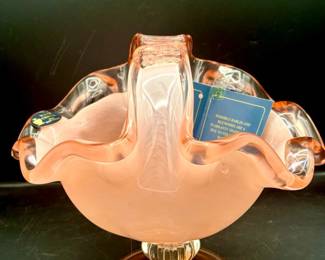 Murano White Cristal Pink Ruffled Art Glass Bowl With Stickers
