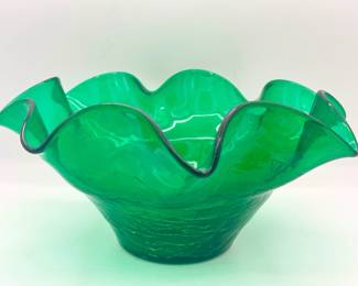 Blenko Emerald Green Crackle Glass Ruffled Bowl
