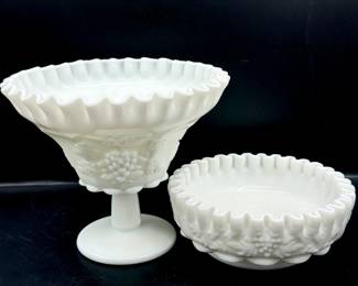 (2) Westmoreland Milk Glass Crimped Compote / Candy Dishes Grape Panel Vintage
