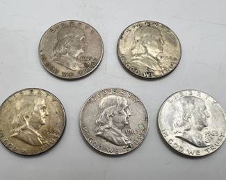 (5) Ben Franklin Silver Half Dollar Coins 1949-1963
