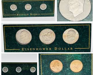 (4) Collector’s Coin Sets incl. Eisenhower 1977-S & Wheat Cent 1943-S
Set includes two Sacagawea dollars, three Buffalo Nickels, three Eisenhower dollar coins, and three steel pennies.