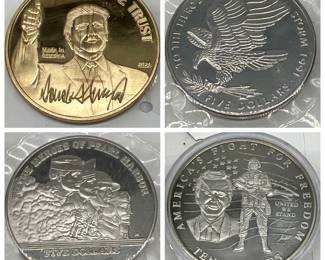 (4) Commemorative Coins incl. Donald Trump Golden Coin
1991 heroes of Pearl Harbor $5 Commemorative Coin with Folder Set, Marshall Islands. $10 911 Memorial/America'sFight for Freedom/ George Bush. 2021 Donald Trump President Novelty Gold Coin. 1991 Marshall Islands $5 coin To The Heroes Of Desert Storm.