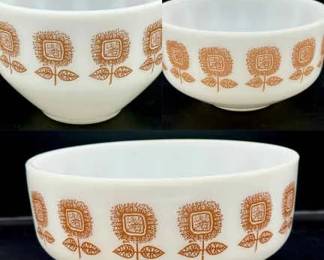 (3) 1960s Federal Glass Connoisseur Mixing Bowls Vintage Heat Proof Sunflower Mod
