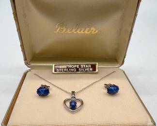 14 Karat Gold Earrings & Matching Sterling Silver Necklace with Blue Stones
