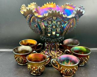 Northwood Carnival Glass Punch Bowl & (6) Cups
