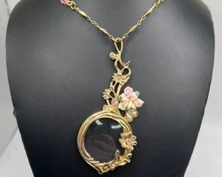 Vintage 1928 Delicate Rose Magnifying Glass Necklace - Lucite, Porcelain
