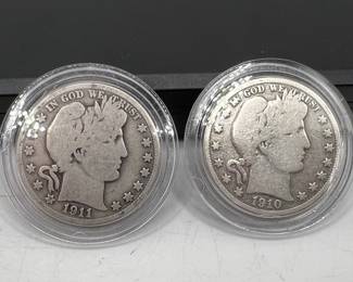 1910 & 1911 Barber Silver Half Dollar Coins
