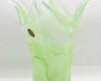 Murano Art Glass Green Wave Vase With Sticker

