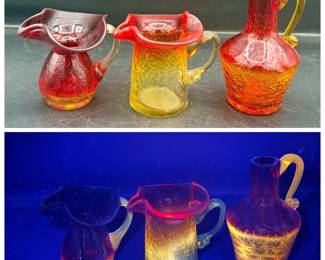 (3) Amberina Crackle Glass Pitchers
