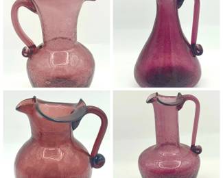 (4) Vintage Amethyst Crackle Glass Pitchers
