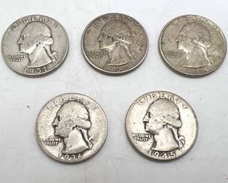 (5) Silver Washington Quarters 1936-1964
