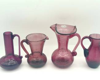 Hand Blown Rainbow Crackle Glass Pitcher & (3) Purple Crackle Glass Pitchers
