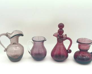 Rainbow Double Ball Crackle Glass Cruet & (3) Crackle Glass Pitchers
