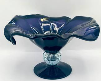 White Cristal Murano Deep Purple Glass Flower Bowl With Sticker
