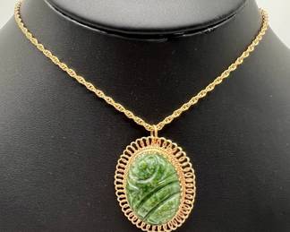 14 Karat Gold Necklace & 14K Gold Estate Loop Carved Stone Pendant
