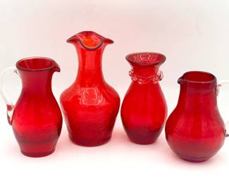 (4) Red Crackle Glass Pitchers
