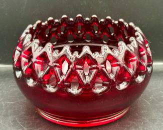 Ruby Red Rose Bowl with Lace Lattice Edge
