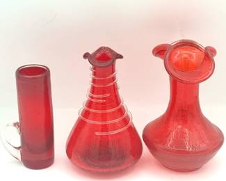 Red Crackle Glass Shot Glass & (2) Crackle Glass Vases
