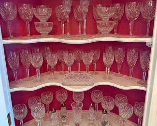 Uranium Glass, Green Etched Cocktail Glasses. Large collection of Waterford Crystal. 