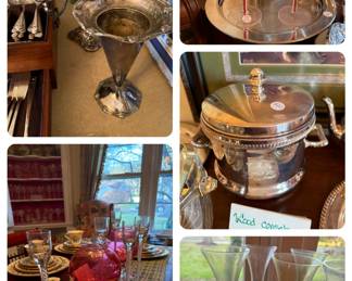 5 Arm Twisted Candelabra. Large Vintage Vintage Cranberry Glass. Red Tear Drop Martini Glasses. Vintage FB Rogers Ice Bucket. Vintage Hand Blown Glass, Multi-color Champagne Flutes.