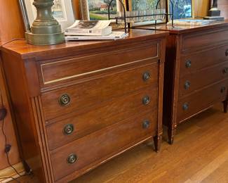 Pair of French Style Chest of Drawers with Brass Accents. 