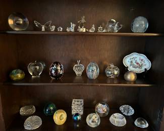 Swarovski animal figurines. Steuben paperweight 