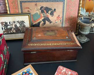 Antique Rosewood, brass inlay box. Ralph Vandusen tile and wood trinket box. 