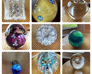 Tiffany & Co. apple and pumpkin. Waterford butterfly, strawberry, egg, and cube. Murano paperweights 