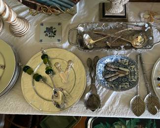 Godinger Crystal handle, Arthur Court, and Pottery Barn serving utensils 