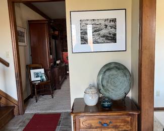 End table, pottery, artwork