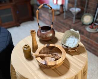 Hand turned wood items, pottery,