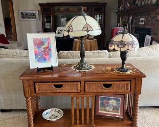 Stained glass lamps, original artwork and pottery, sofa table