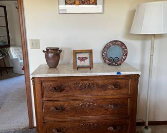 Marble Top dresser, pottery, framed photographs