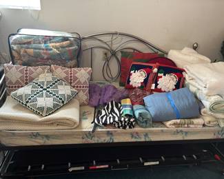 Pillows, Blankets, Etc. on Gold Frame Day Bed w/Trundle