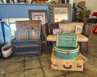 Antique furniture, luggage and pictures.