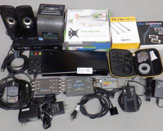 BOX ELECTRONICS INCLUDING AJA BOXES, LAVOLEAR MICS, TV MOUNTS AND MORE