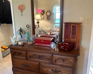 King size oak dresser, nightstand and chest with matching headboard, very well made!
