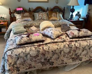 King size bed with mattress, linens and wall art!