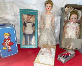 Vintage Dolls - Eegee’s Lil Susan, metal doll trunk,  Effanbee doll