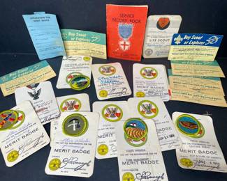 Vintage Boy Scouts merit badges, applications, service record book 