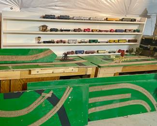 Wood train table and wood shelving 