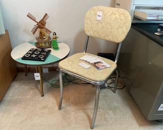 Mid-Century Diner Chair, Textolite Side Table,  The Silver Company Tic Tac Toe, Dutch Windmill Lamp, Chalk Ware Hula Girl