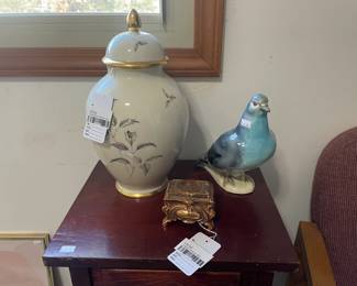 Fürstenburg Lidded Vase, Wooden Side Tables, Copper Dresser Box, Ceramic Carrier Pigeon