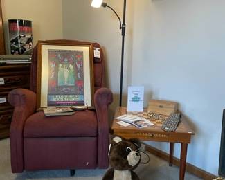 Dakin Olympic Bear, Walker Furniture Recliner, Playboy book, framed poster, floor lamp