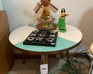Textolite Side Table, The Silver Company Tic Tac Toe, Dutch Windmill Lamp, Chalk Ware Hula Girl
