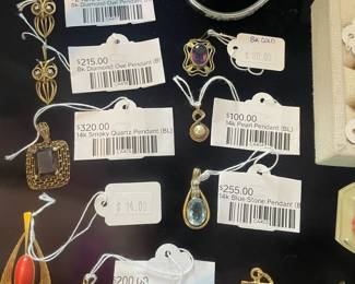 8k Diamond Owl Pendant (A), 8k Diamond Owl Pendant (B), 14k Smoky Quartz Pendant (BL), 14k Four Leaf Clover Pendant (BL), 14k Pearl Pendant (BL), 14k Blue Stone Pendant (BL)
