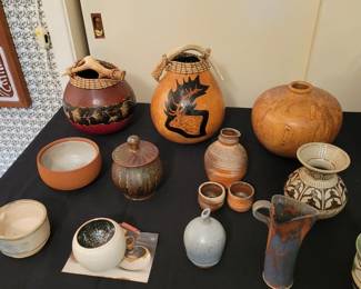 Chuck McGee pottery, Gourd signed art with leather antler by Linda Vacca - Gourds gone wild