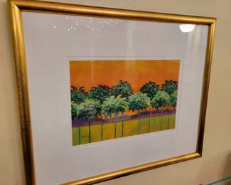 Painting by Lois Simon "Row of Palms & Orange Sunset" oil pastel, 23x27